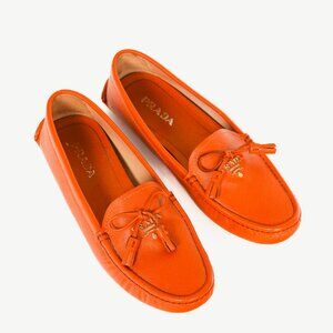 Prada Orange Saffiano Leather Tassel-Bow Loafers